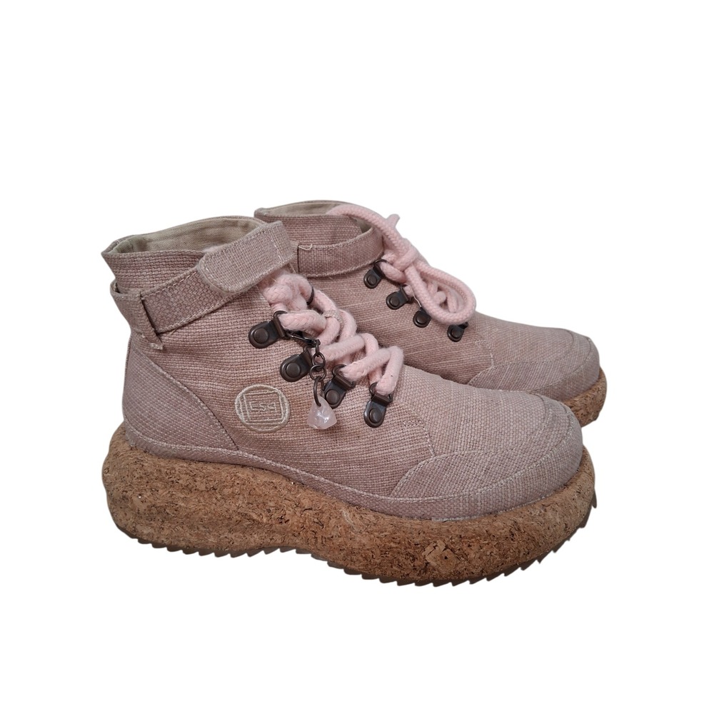 GAIA ESQ Eco Pink Hikers Canvas Adventure Boots Womens 7M Cork Chunky Platform - Picture 12 of 16